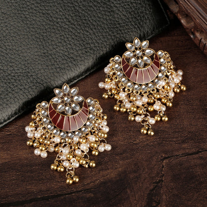2023 Luxury Retro Flowers Carved Indian Earrings Fro Women Piercing Ethnic Bollywood Pearl Zircon Tassel Jhumka Earrings