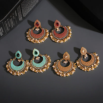 Ethnic Women&#39;s Golden Color Water Droplets Alloy Gypsy Jhumka Earrings Vintage Boho Tribe Pearl Tassel Drop Earrings Jewelry